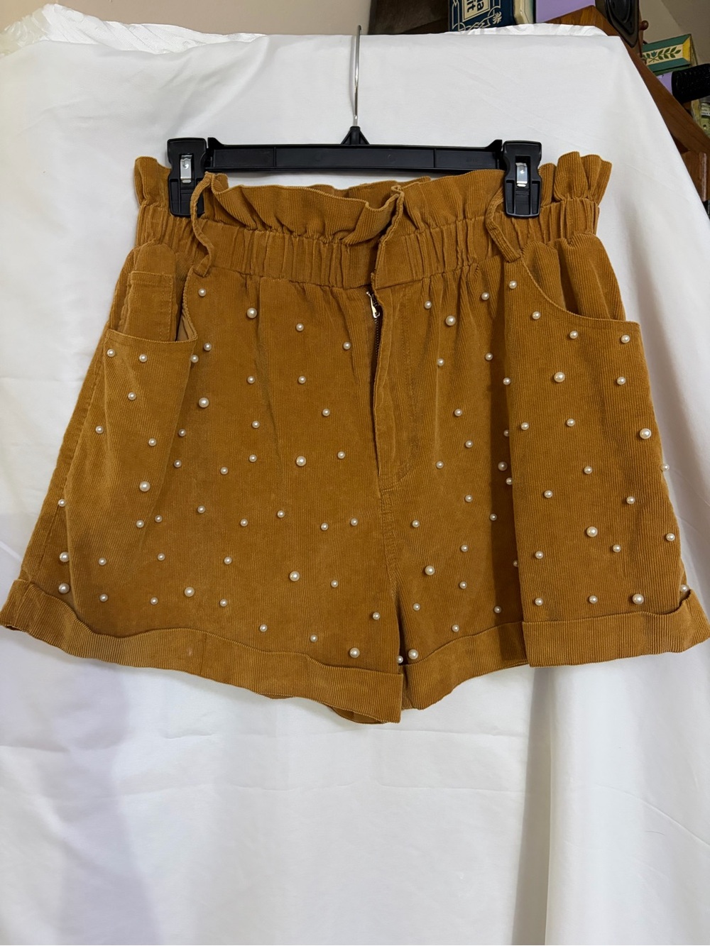 High-Waist Paperbag Corduroy Shorts with Pearl Detail — Brown